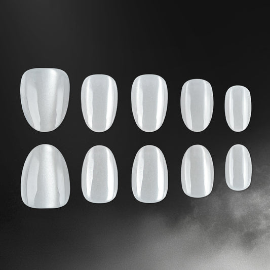 Celestial Glow Glossy Short Oval White Nail Set with Iridescent Finish