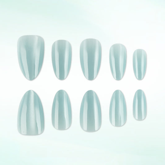 Dreamy Ocean Vibes Long Almond Shaped Soft Blue Glossy Finish Press On Nail Set