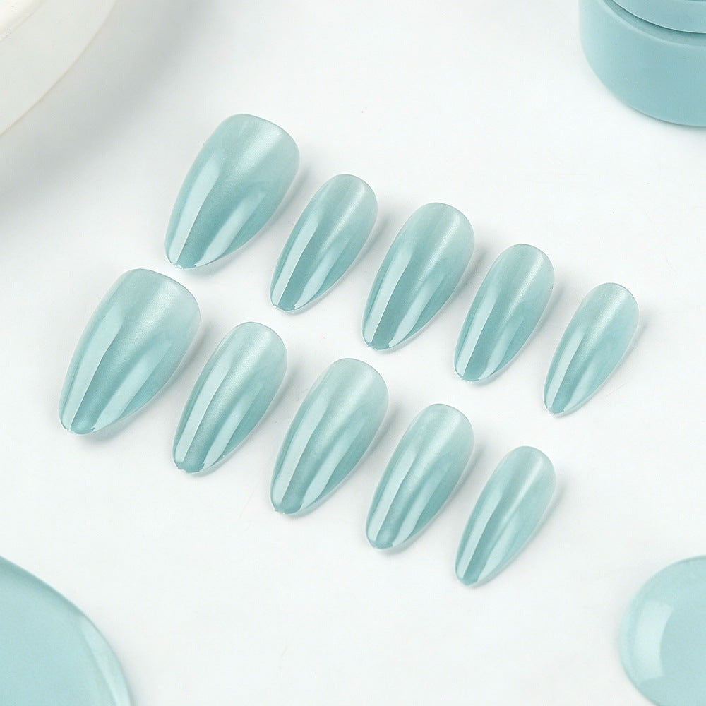 Ocean Breeze Elegance Long Almond Shaped Frosted Aqua Press On Nail Set with Iridescent Finish