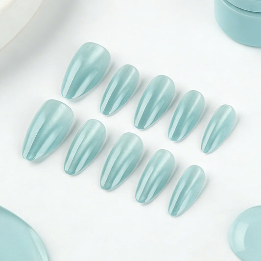 Ocean Breeze Elegance Long Almond Shaped Frosted Aqua Press On Nail Set with Iridescent Finish