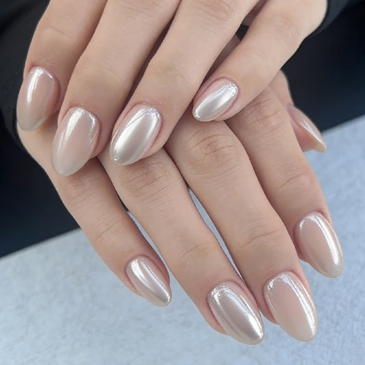 Glamorous Elegance Short Almond Shaped Shimmering Beige Press On Nail Set with Reflective Finish