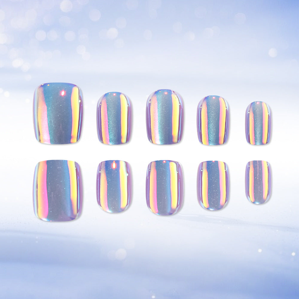 Crystal Dream Short Square Glossy Purple Rainbow Reflective Press On Nail Set