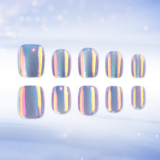 Crystal Dream Short Square Glossy Purple Rainbow Reflective Press On Nail Set