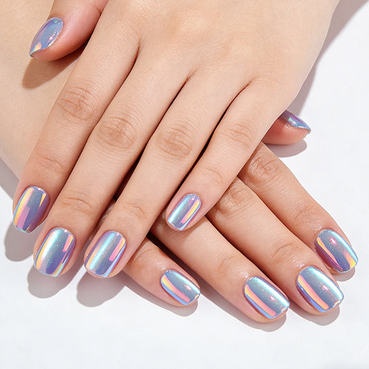 Enchanting Rainbow Short Square Iridescent Press On Nail Set with Unique Shimmering Finish