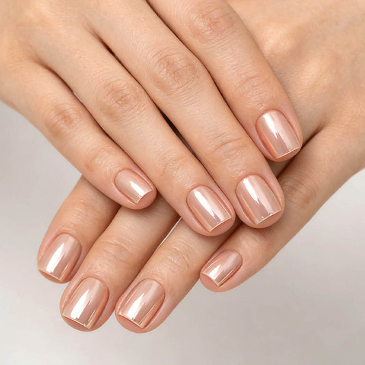 Glamorous Elegance Short Square Glossy Beige Press On Nail Set with High Shine Finish