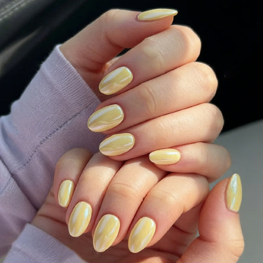 Sunny Delight Short Oval Shaped Glossy Yellow Press On Nail Set with Iridescent Shine