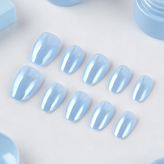 Dreamy Ocean Vibes Short Oval Shimmery Light Blue Press-On Nail Set