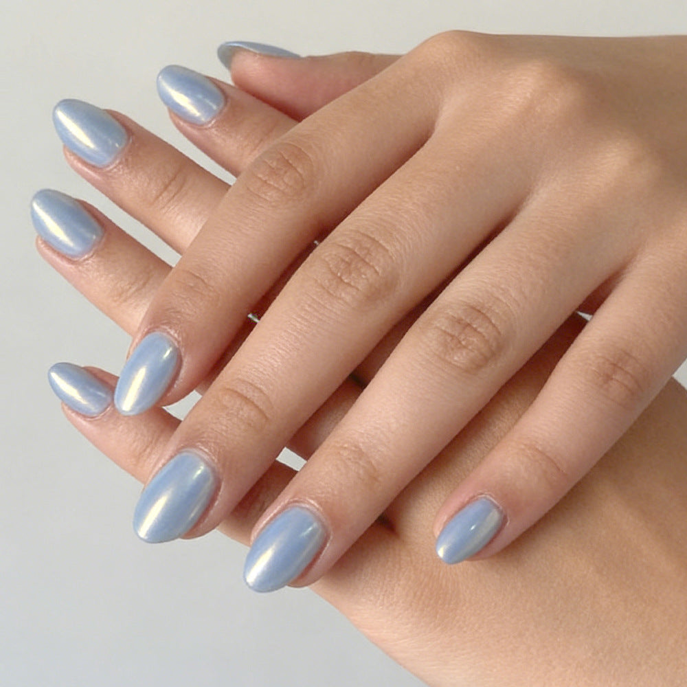 Celestial Dream Short Oval Length Iridescent Blue Press On Nail Set with Stunning Shine