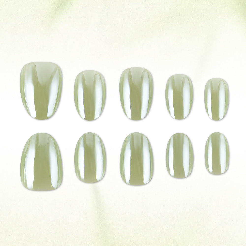 Whimsical Garden Dreamy Short Oval Green Glossy Press On Nail Set with Unique Shiny Finish
