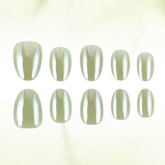 Whimsical Garden Dreamy Short Oval Green Glossy Press On Nail Set with Unique Shiny Finish