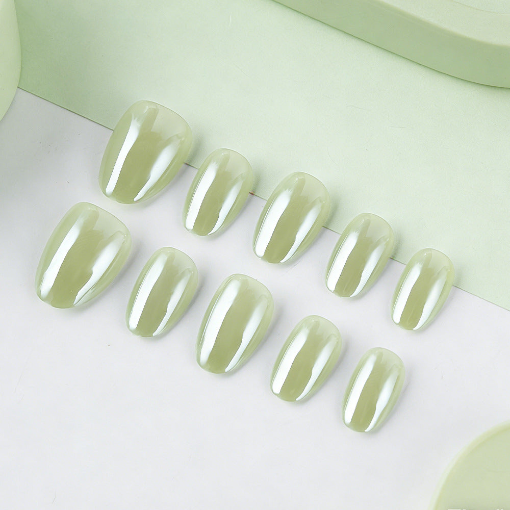 Serene Garden Short Oval Green Glossy Nail Set with Unique High Shine Finish