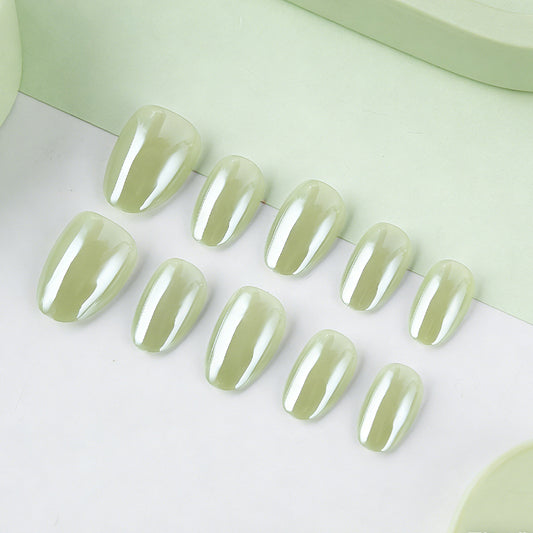 Serene Garden Short Oval Green Glossy Nail Set with Unique High Shine Finish