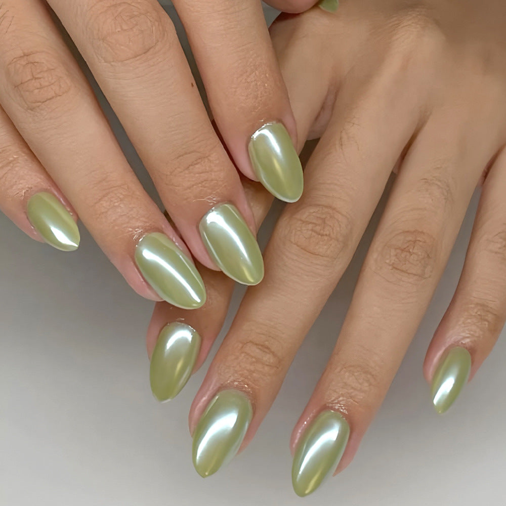 Enchanted Garden Short Oval Shaped Glossy Sage Press On Nail Set with Reflective Finish
