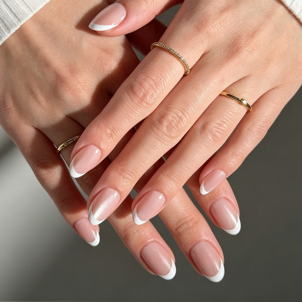 Glamorous Elegance Medium Oval Pink Ombre Press On Nail Set with French Tip Design