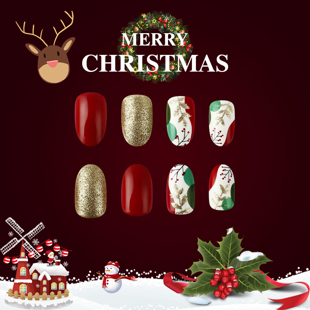 Set of Christmas-themed nail art designs with reindeer, wreath, and winter scene on a dark red background.
