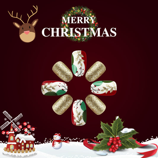 Festive Glamour Short Oval Red and Green Holiday Design with Sparkling Gold Accents Press On Nail Set