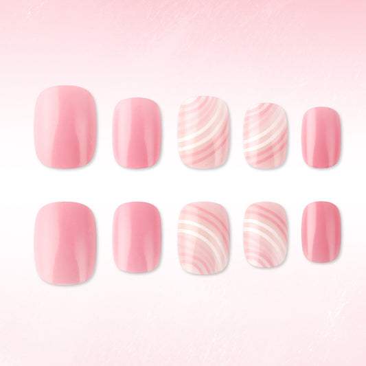 Chic Rose Garden Short Square Soft Pink Whimsical Swirl Design Press on Nail Set