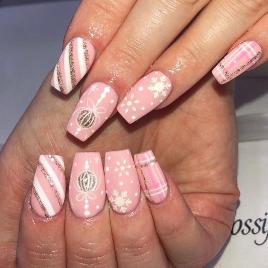 Festive Charm Long Coffin Soft Pink Glittering Holiday Press On Nail Set