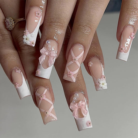 Charming Elegance Long Square Pink With Delicate Ribbon and Floral Accents Press-On Nail Set