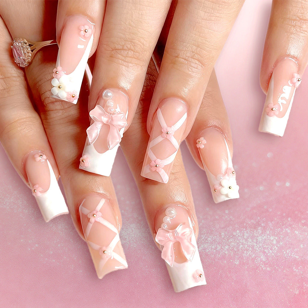 Whimsical Delight Long Square Pink Flower Accents Press On Nail Set