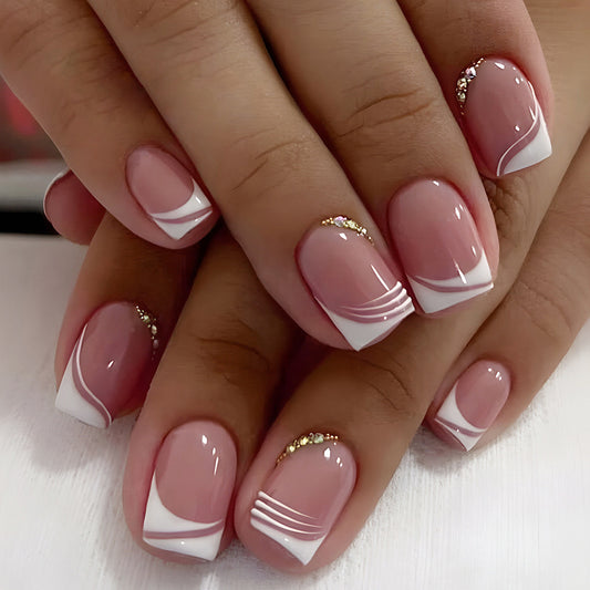Glamorous Elegance Short Square Soft Pink with Chic White Swirls and Sparkling Rhinestones Press On Nail Set