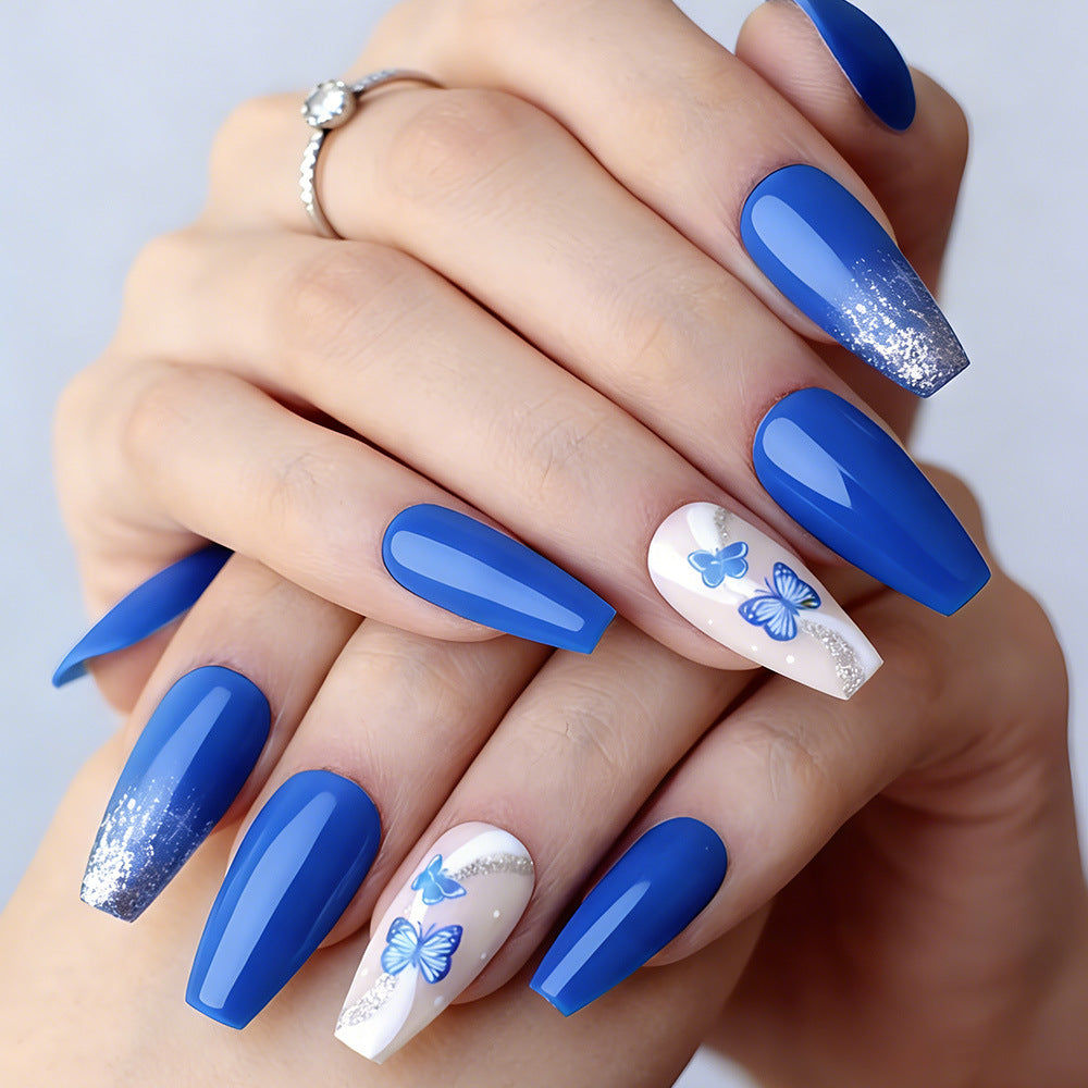 Whimsical Butterfly Dreams Long Coffin Royal Blue Press-On Nail Set with Shimmering Accent Designs