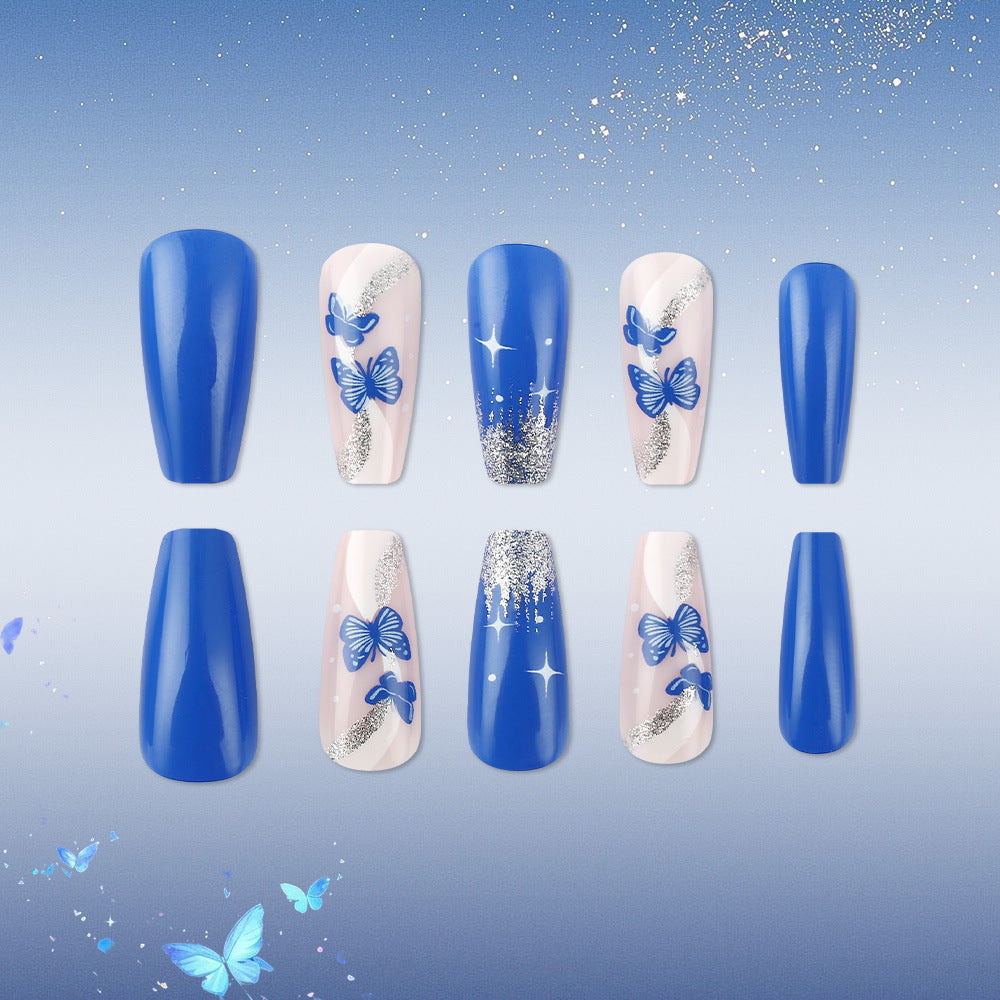 Enchanting Butterfly Blue Long Coffin Press-On Nail Set Featuring Glitter and Artistic Designs