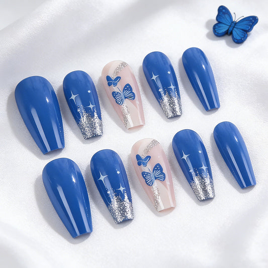 Butterfly Dreams Long Coffin Shiny Blue with Glitter Accents and Elegant Butterfly Designs Nail Set