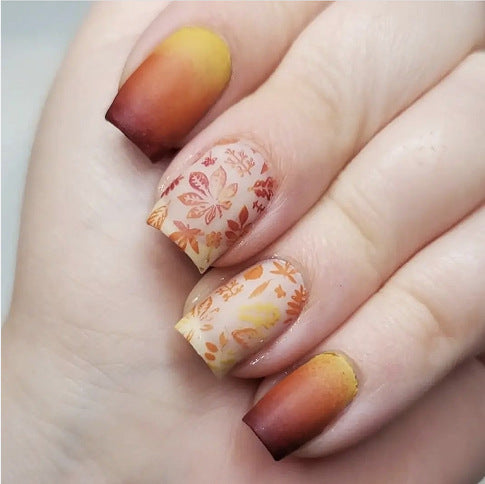 Autumn Blossoms Medium Square Ombre Orange and Yellow Press On Nail Set with Floral Details
