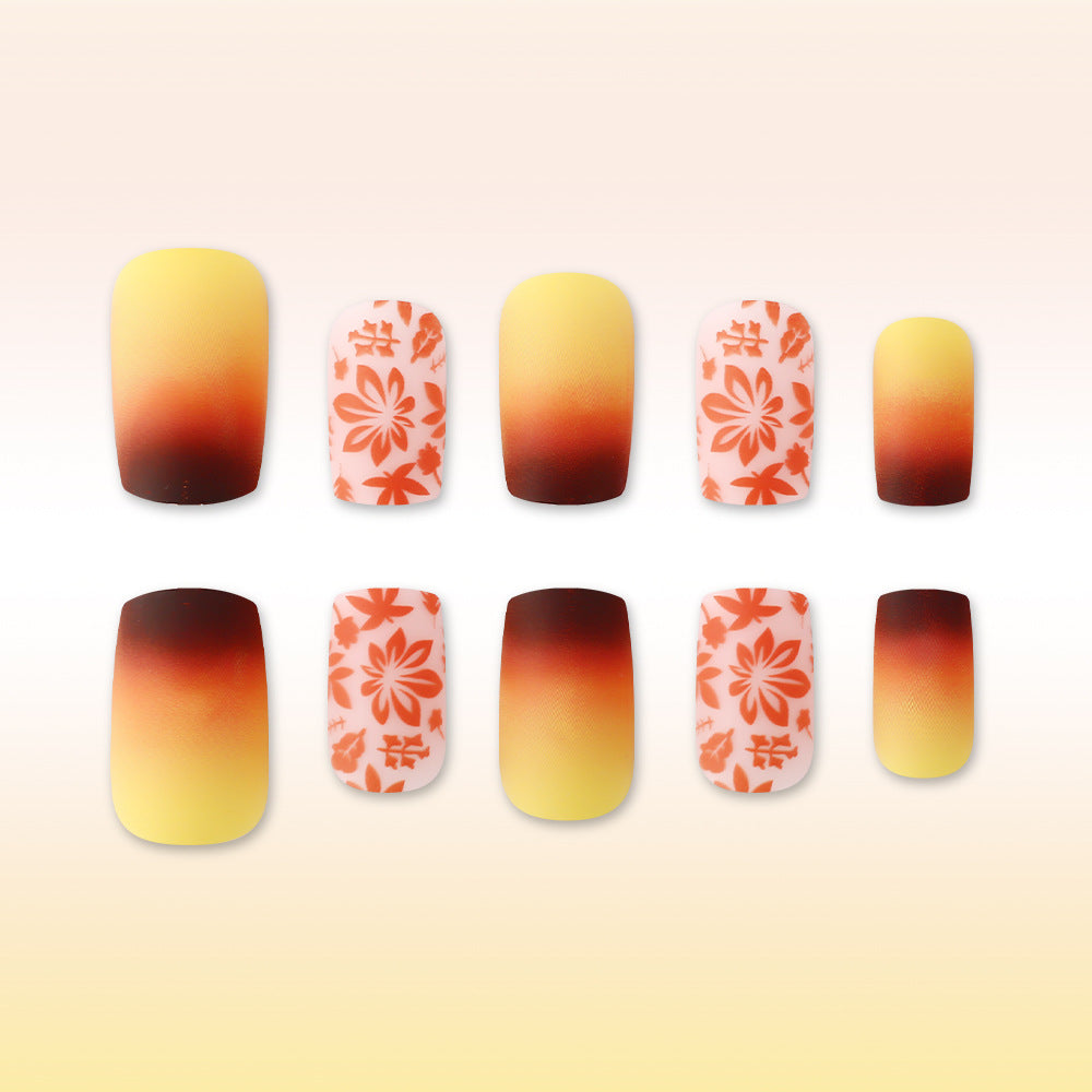 Tropical Sunset Long Square Yellow and Orange Ombre Nail Set with Floral Patterns