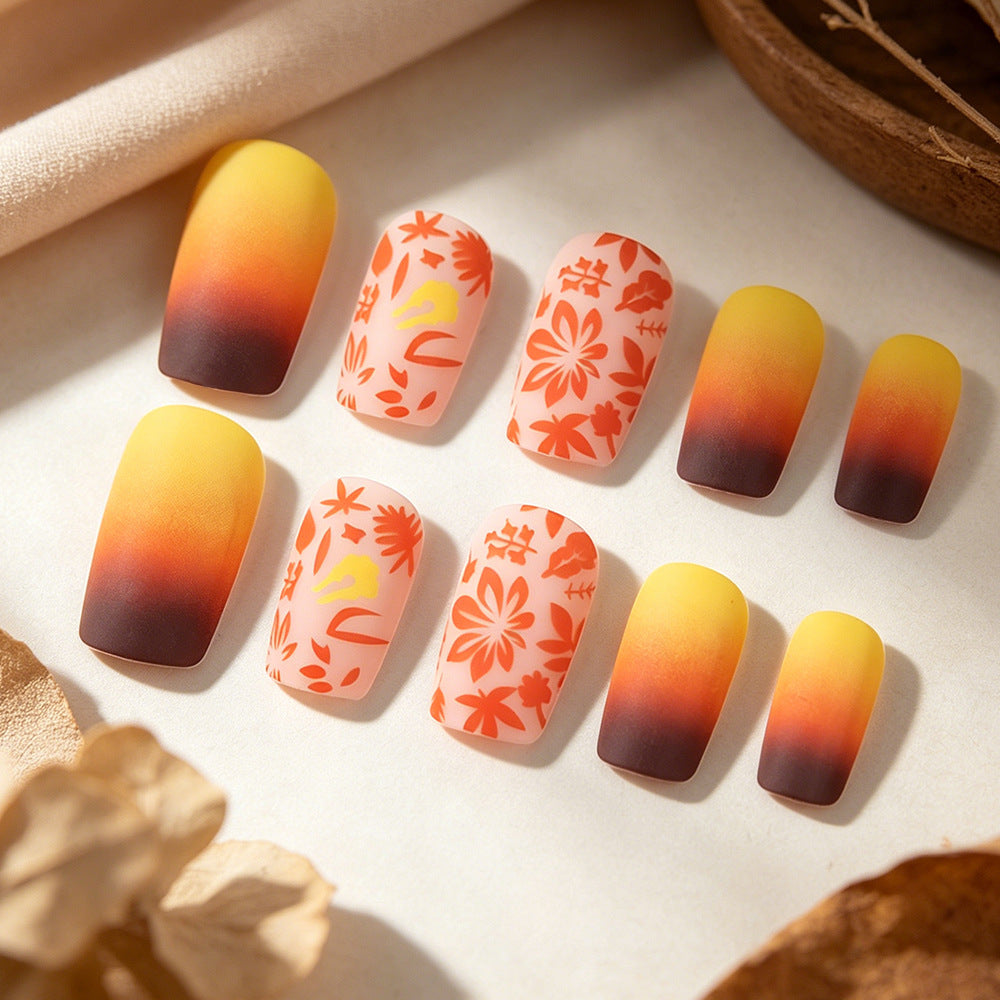 Sunset Blossom Long Square Ombre Nail Set with Floral Accents