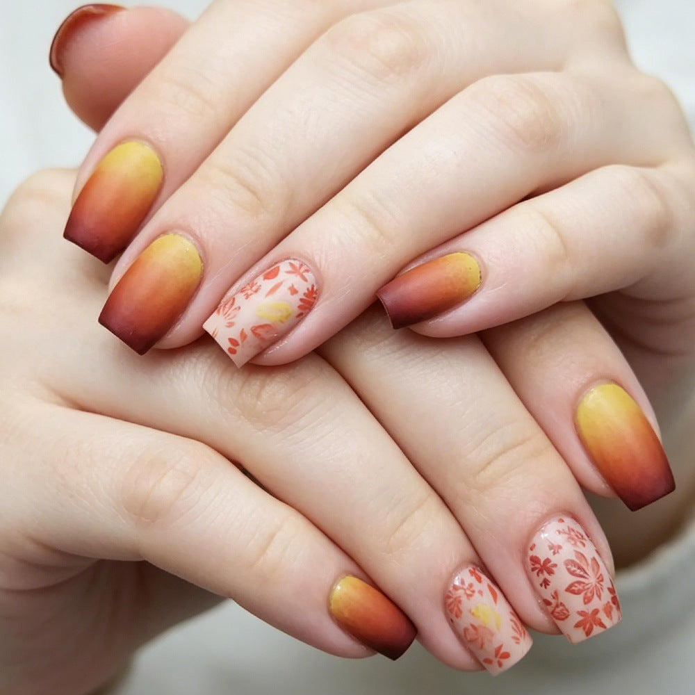 Autumn Bliss Long Square Ombre Press-On Nail Set with Floral Design