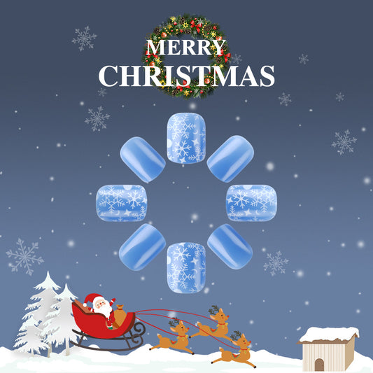 Christmas-themed graphic with Santa Claus, reindeer, and snowflakes on a blue background.