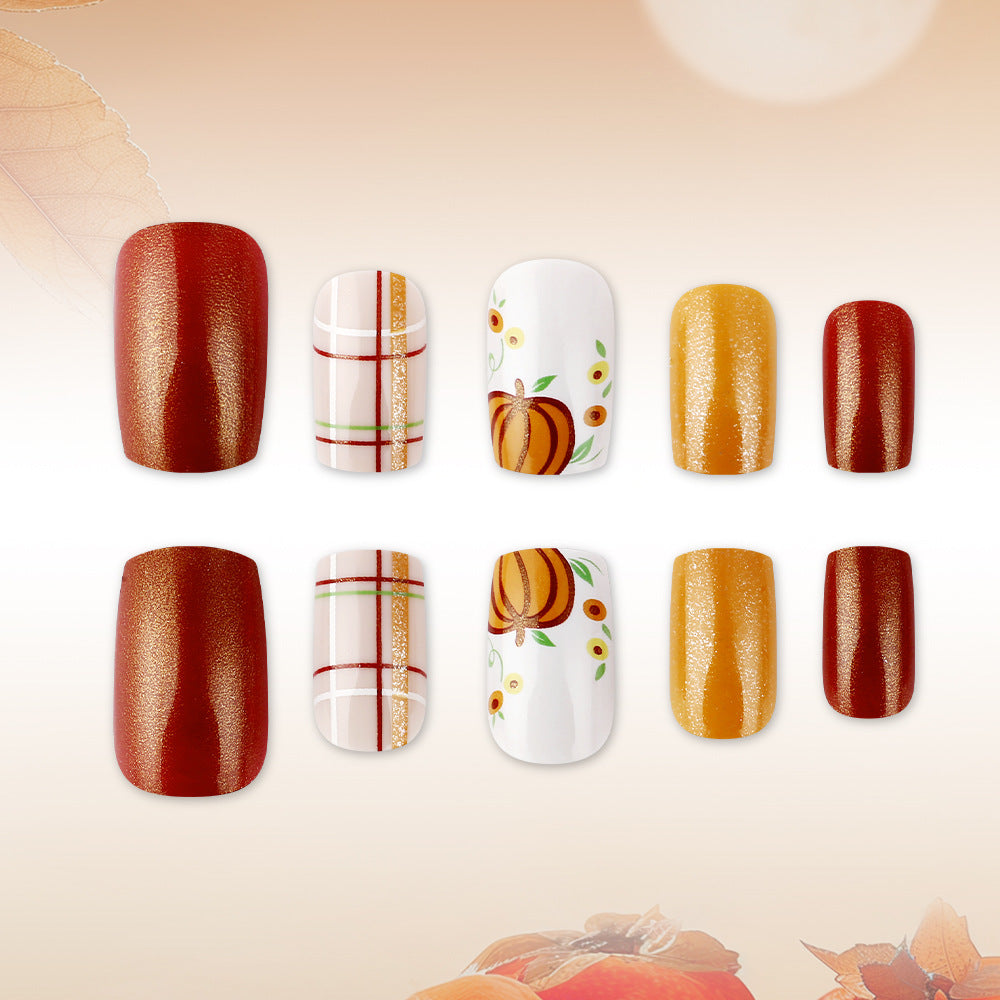 Autumn Vibes Long Square Orange Shimmer with Pumpkin Design Press On Nail Set
