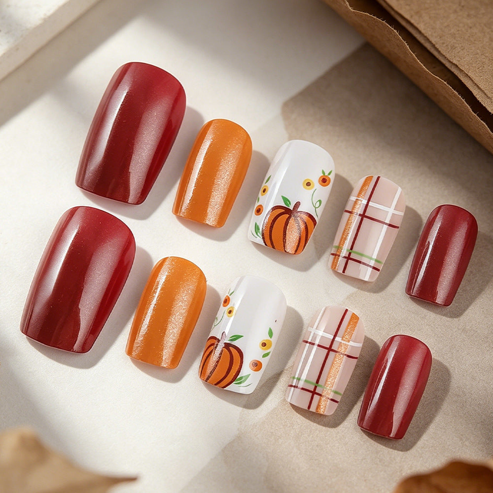 Autumn Harvest Short Square Orange and Red Nail Set with Pumpkin Designs