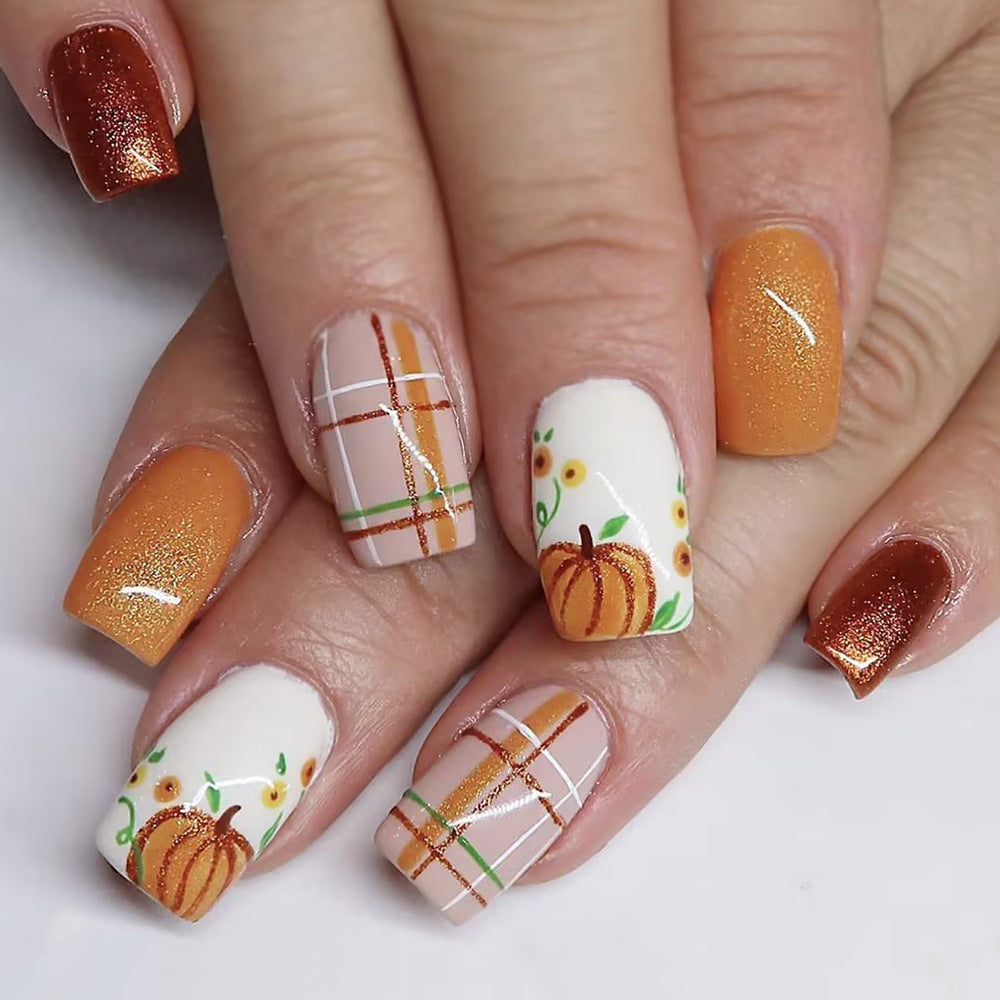Autumn Harvest Short Square Orange Glitter Press-On Nail Set with Pumpkin and Floral Accents