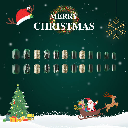 Festive Charm Glossy Short Length Square Green and Gold Glitter with Winter Wonderland Design Nail Set