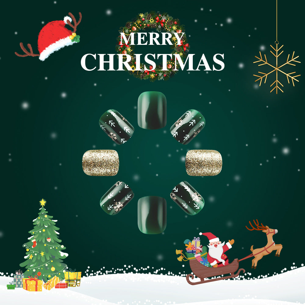 Festive Wonderland Short Square Dark Green with Glittery Gold and Snowflake Design Press on Nail Set