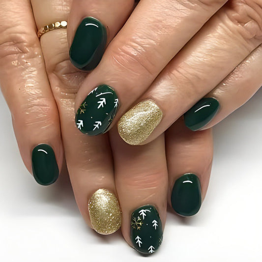 Enchanted Forest Medium Oval Green and Gold Sparkle Nail Set