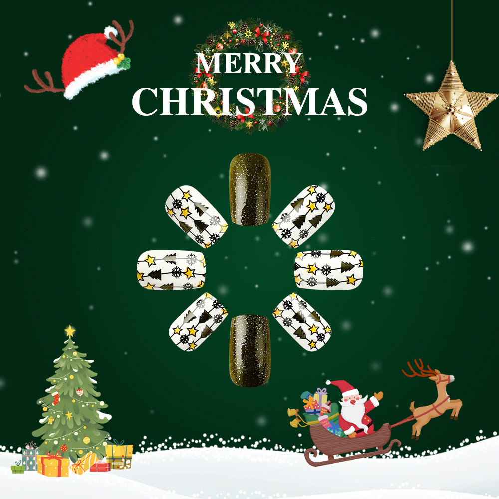 Festive Holiday Collection Medium Square Green Sparkle With Charming Christmas Star Design Press-On Nail Set