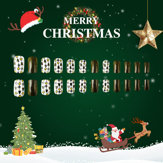 Nail art design set with Christmas-themed decorations on a green background