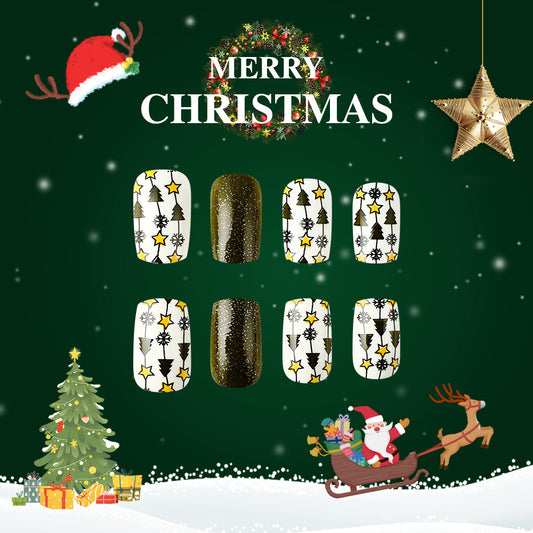 Festive Holiday Glamorous Medium Square Green and White Press On Nail Set with Sparkling Christmas Tree Design