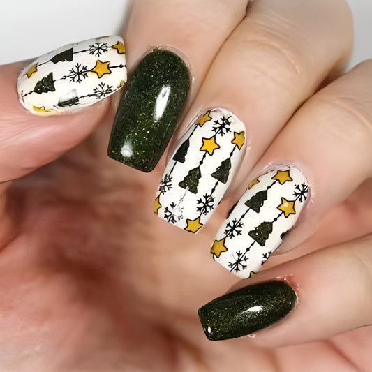 Festive Holiday Glamour Long Square Green and White Glittery Christmas Tree Nail Set