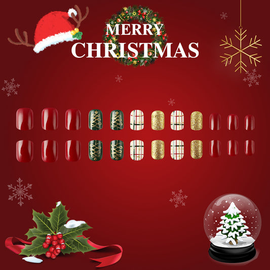 Nail art display with Christmas-themed decorations on a red background