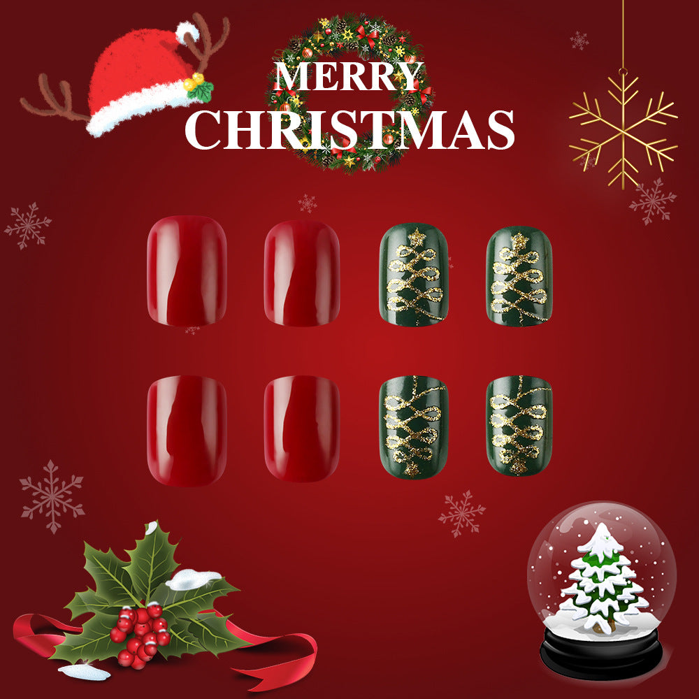 Festive Wonderland Short Squoval Red and Green Press on Nail Set with Elegant Gold Accents