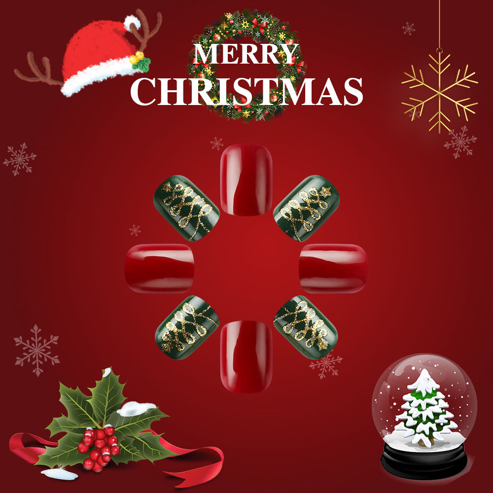 Red Christmas-themed background with nail art designs, holly leaves, and a snow globe.