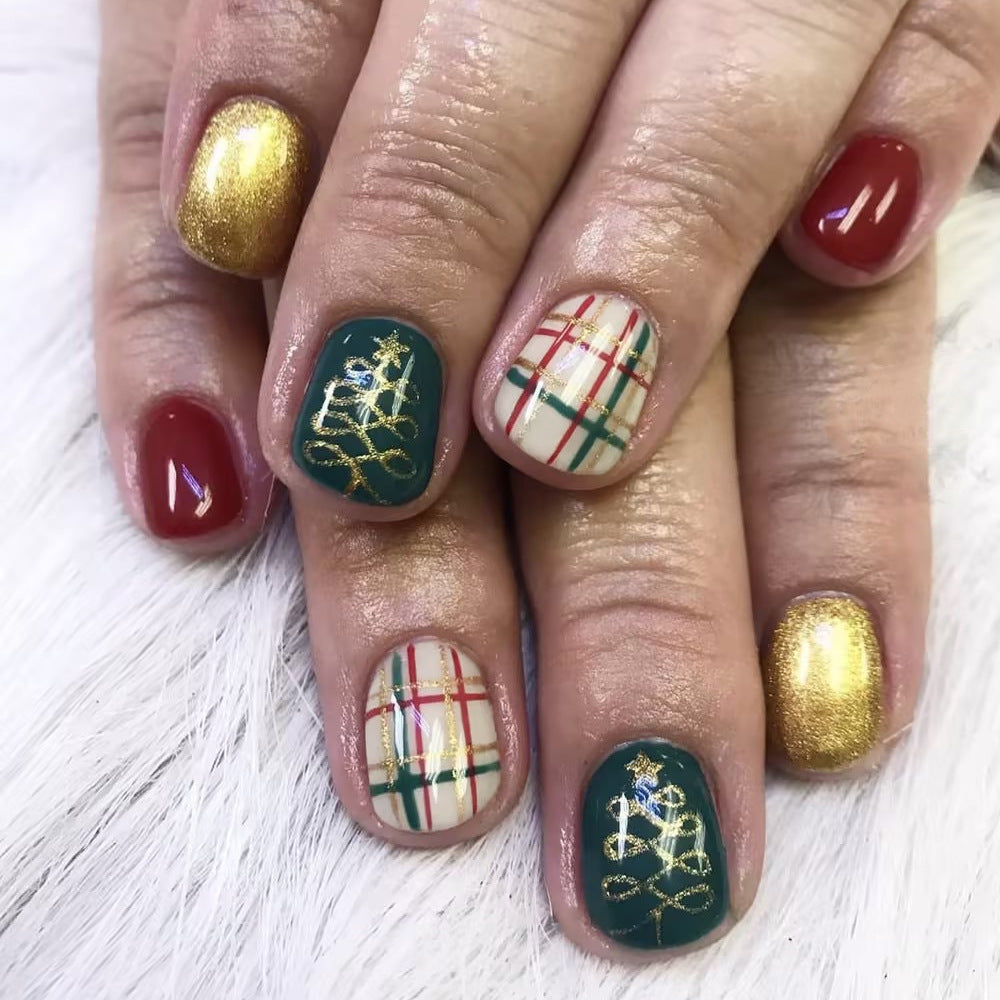 Festive Glamour Short Squoval Red Green Gold Holiday Nail Set with Elegant Tree Design