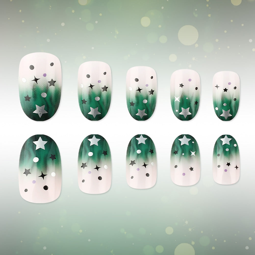 Celestial Dream Short Oval Emerald Green with Starry Accents Press on Nail Set