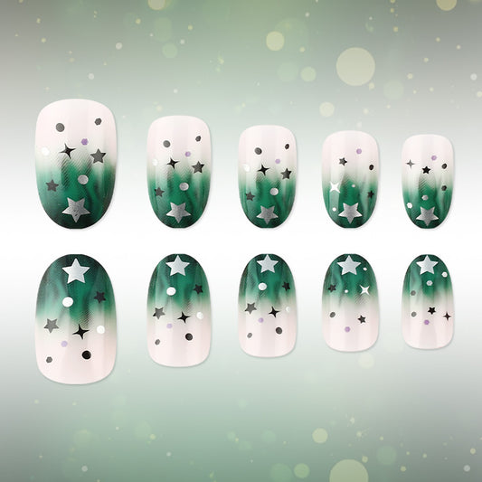 Celestial Dream Short Oval Emerald Green with Starry Accents Press on Nail Set