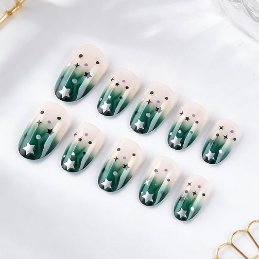 Celestial Dreams Short Oval Green Ombre with Star Accents Press on Nail Set